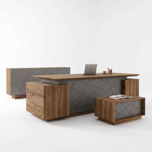 İstanbul Ofis Mobilya Alesta modern yönetici çalışma masası takımı, ceviz ve antrasit gri geometrik detaylı tasarım.